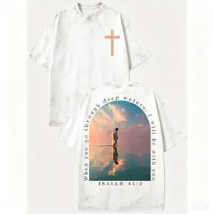 Men's 230g Washed Pure Cotton Short-Sleeve Round Neck T-Shirt, Cross & Isaiah Verse Design, Double-Sided Print, Distressed Drop-Shoulder Retro Y2K Vintage Streetwear, Casual Menswear Summer Top