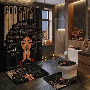 4pcs Faith Inspired Prayer Shower Curtain Set, Black Gold Scripture Bathroom Decor, God Says I Am, Christian Jesus Worship, Modern Religious TikTok Shop Holiday Gift, Bathroom Accessories