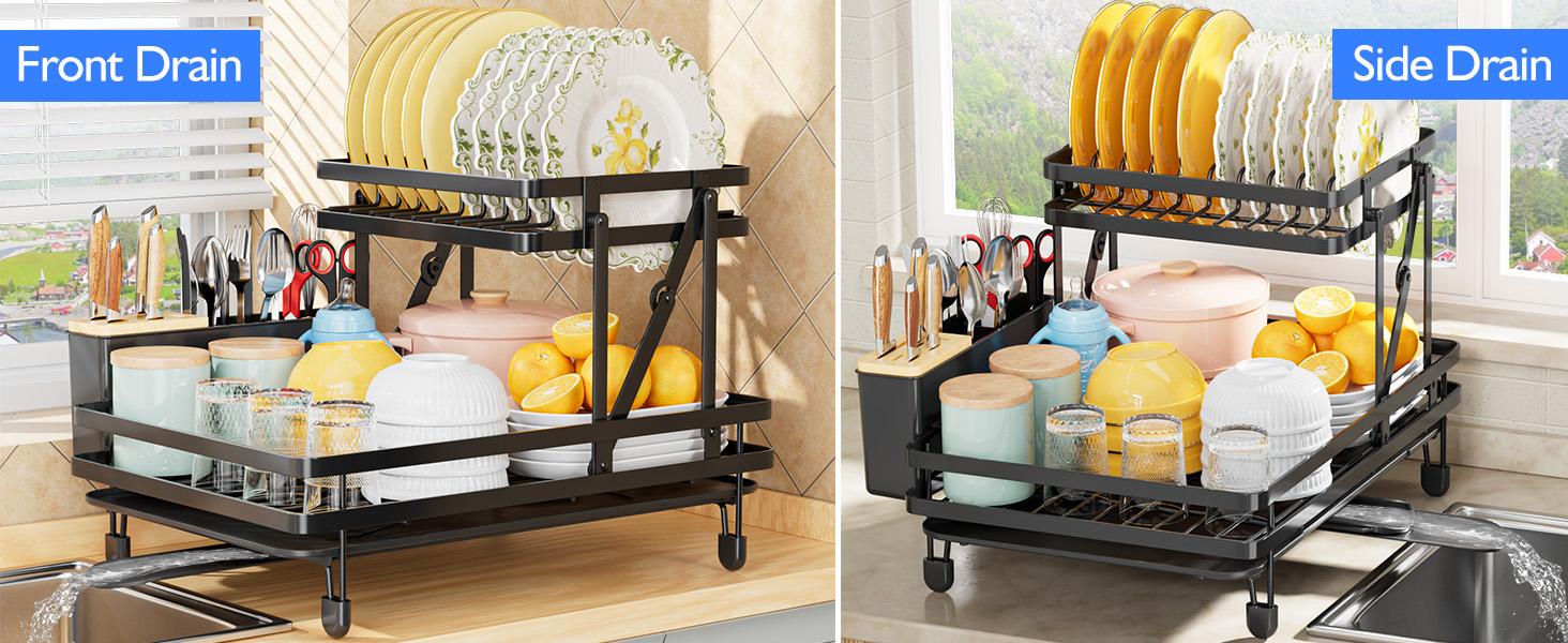 Dish Drying Rack, Collapsible Dish Racks for Kitchen Counter, 2 Tier Durable Dish Drainer with Utensil Holder-Kitchen Drying Rack