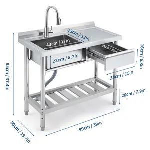39" Stainless Steel Freestanding Utility Sink with Built-In Workbench & Storage Drawer, Pull-Out Faucet, Hot & Cold Pipes, Easy 5-Minute Setup – Garage, Basement Ready