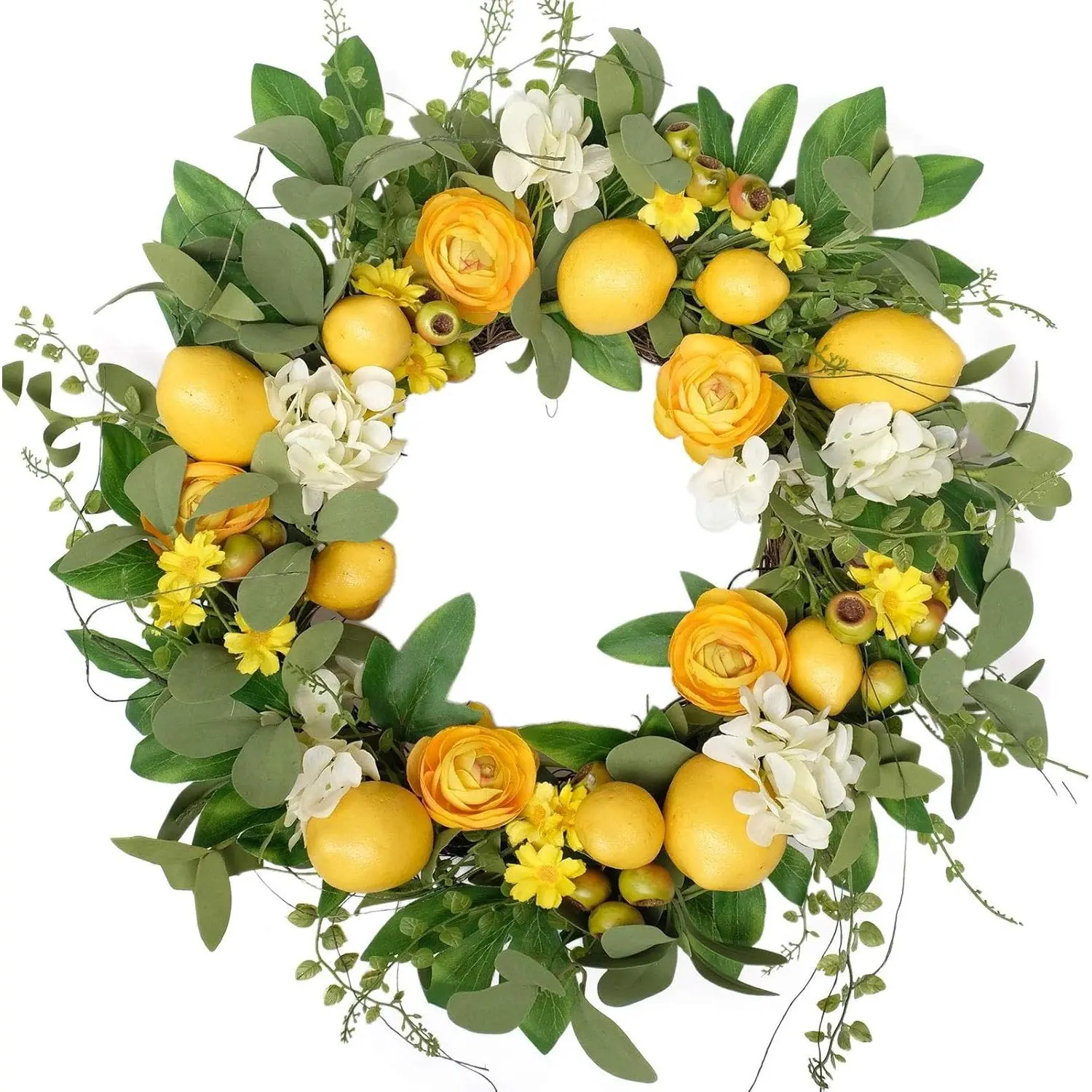 20 inch Artificial Lemon Wreath for Front Door Yellow Peony White Hydrangea Green Leaves Wreath with Big Berries Grapevine Spring Summer for Wall Window Party Decor