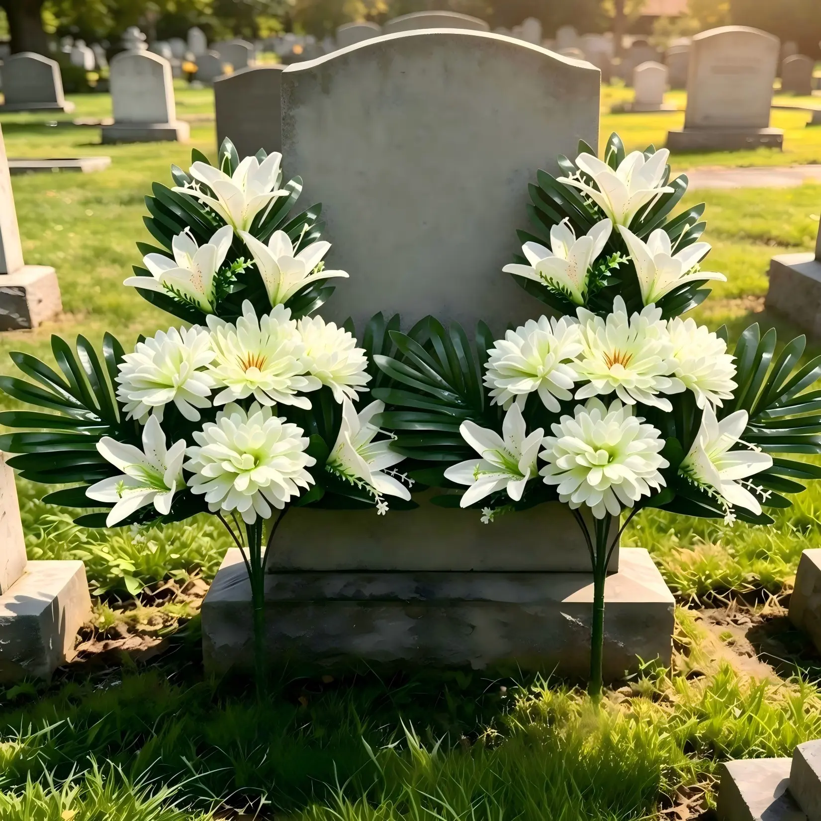 2pcs Extra Large Cemetery Lily Outdoor Decorative Artificial Flowers, Artificial Flower Decorations, Adjustable Tall Grass Leaves, Low Maintenance, Funeral Decoration, Tombstone Ornament