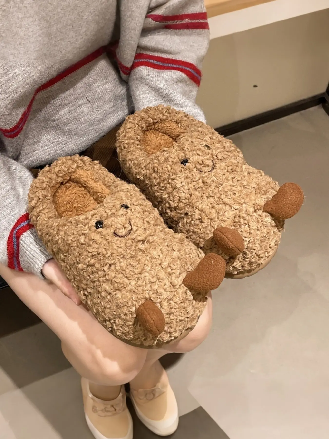 Funny Peanut Cartoon Slippers for Women, Soft Fuzzy Cotton House Shoes, Warm Anti-Slip Indoor Footwear, Fall & Winter Casual Style