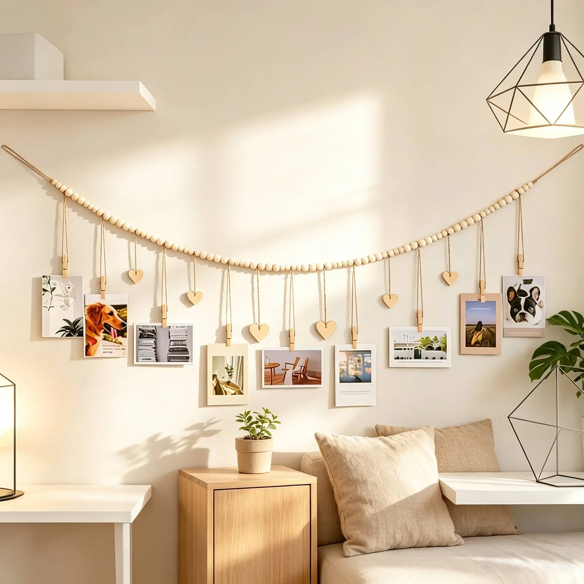Wooden Bead Photo Display Holder with Clips, Boho Hanging Picture Frame with Heart Tag Wall Decor, Ideal for Home, Bedroom and Office Decoration, A Creative Memory Display Gift for Birthdays, Weddings, Graduation and Mother’s Day
