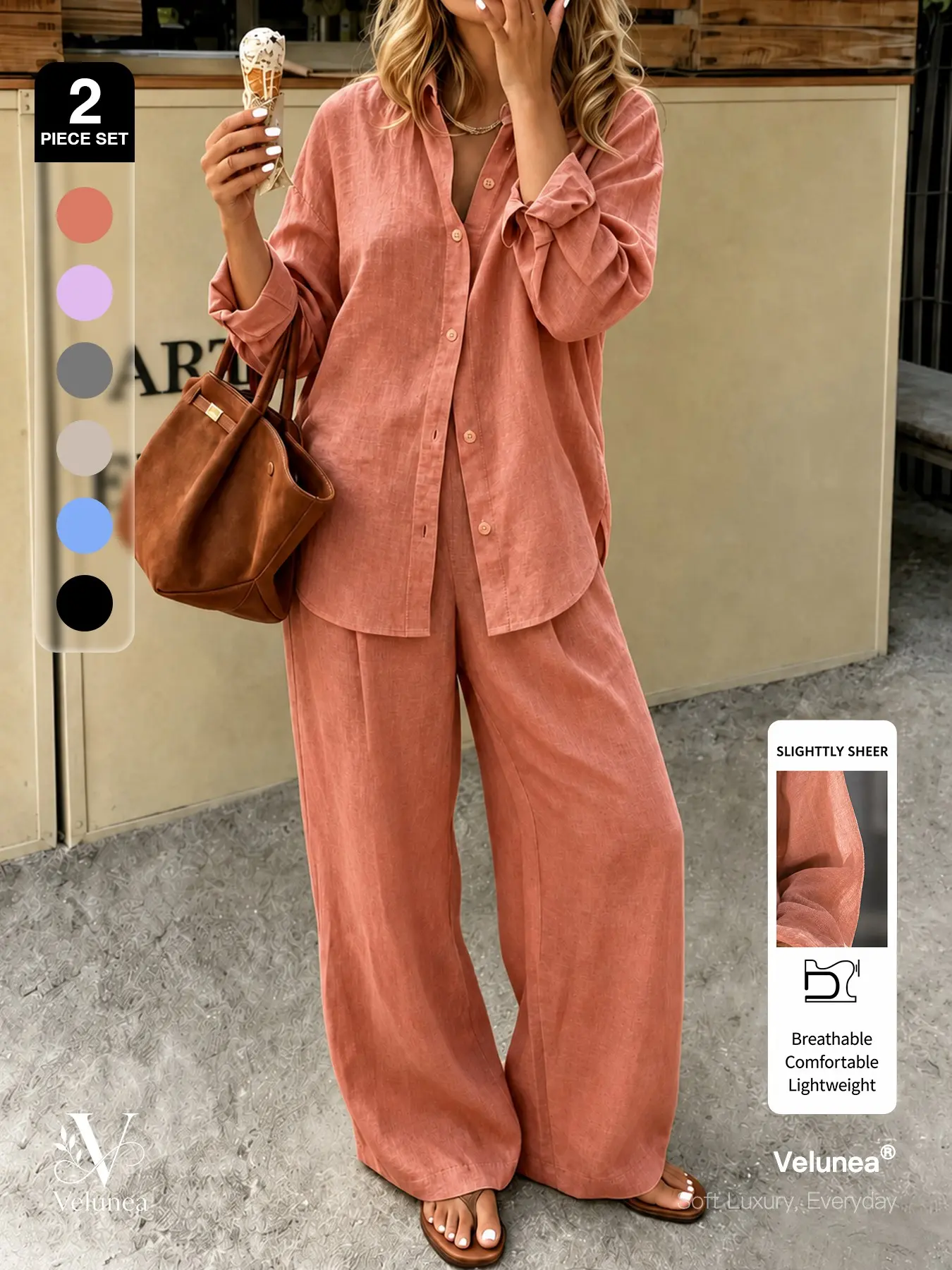 | 2-Piece Set | Velunea Women’s Lightweight Long Sleeve Shirt and Wide Leg Pants Set, Relaxed Button Down Top with Flowing Trousers for Elegant Casual, Vacation Travel and Everyday Chic Looks