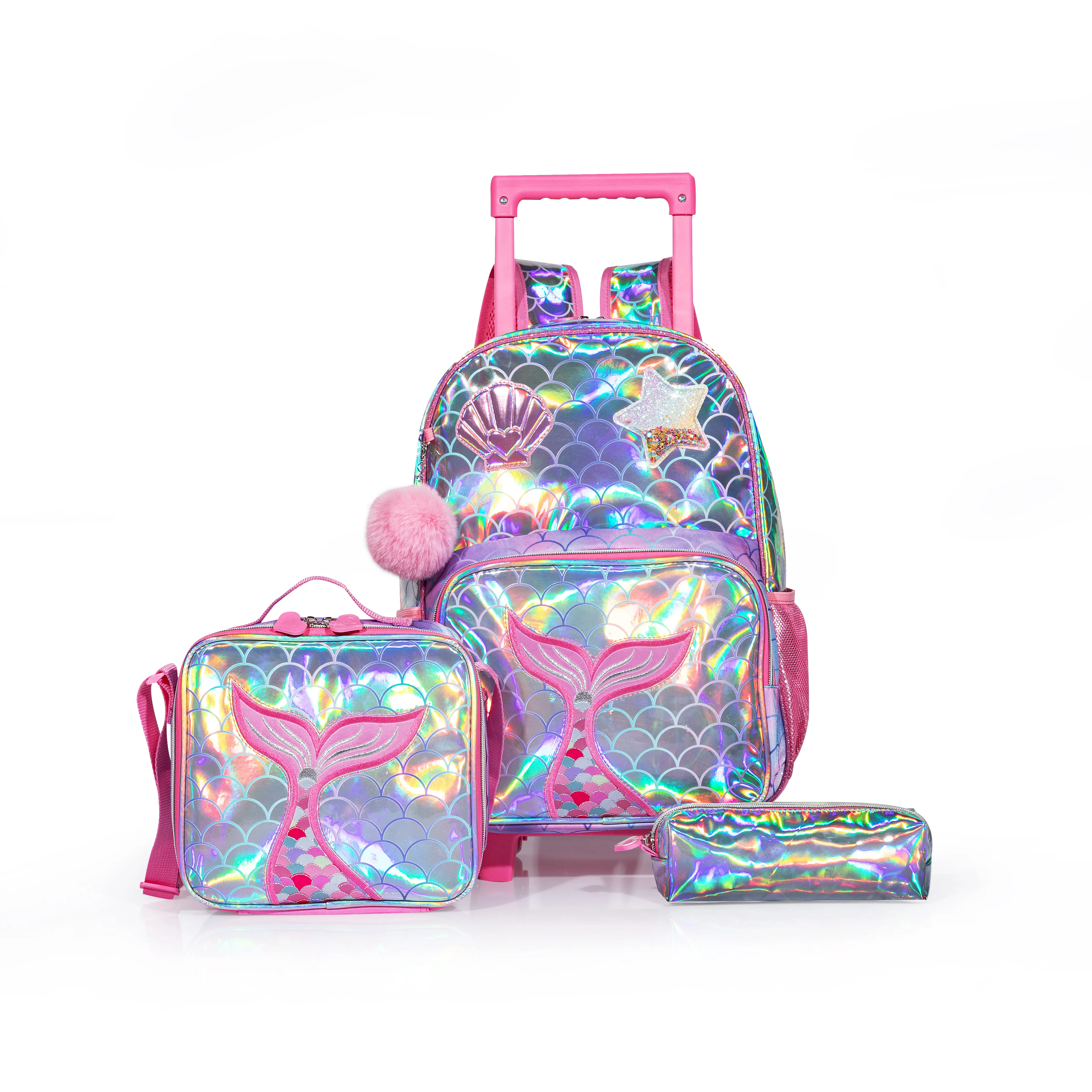 Girls' 3-Piece Holo Mermaid Tail Rolling Backpack Set with Zipper - Cute Chic Fish Scales, Holo Shell, Pink Pom Pom, Insulated Lunch Bag, Pencil Case - Multi-Use Wheeled Trolley Schoolbag for Primary School