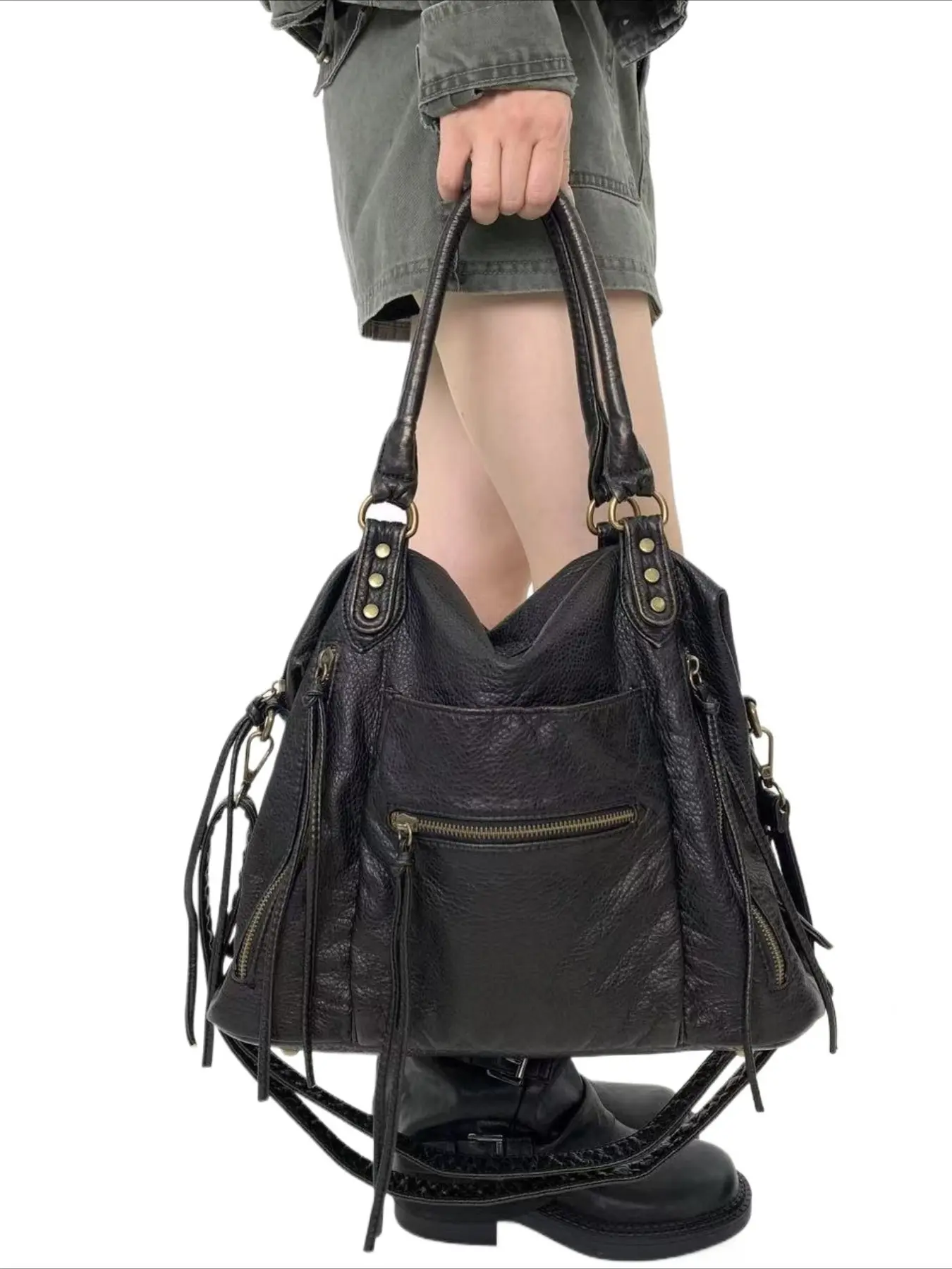 Women's shoulder bag, women's fashionable retro Y2K spicy girl handbag, crossbody bag, large capacity, multiple pockets, punk diagonal cross bag, washed and worn vegan leather bag, suitable for vacation, shopping, work, holiday gifts