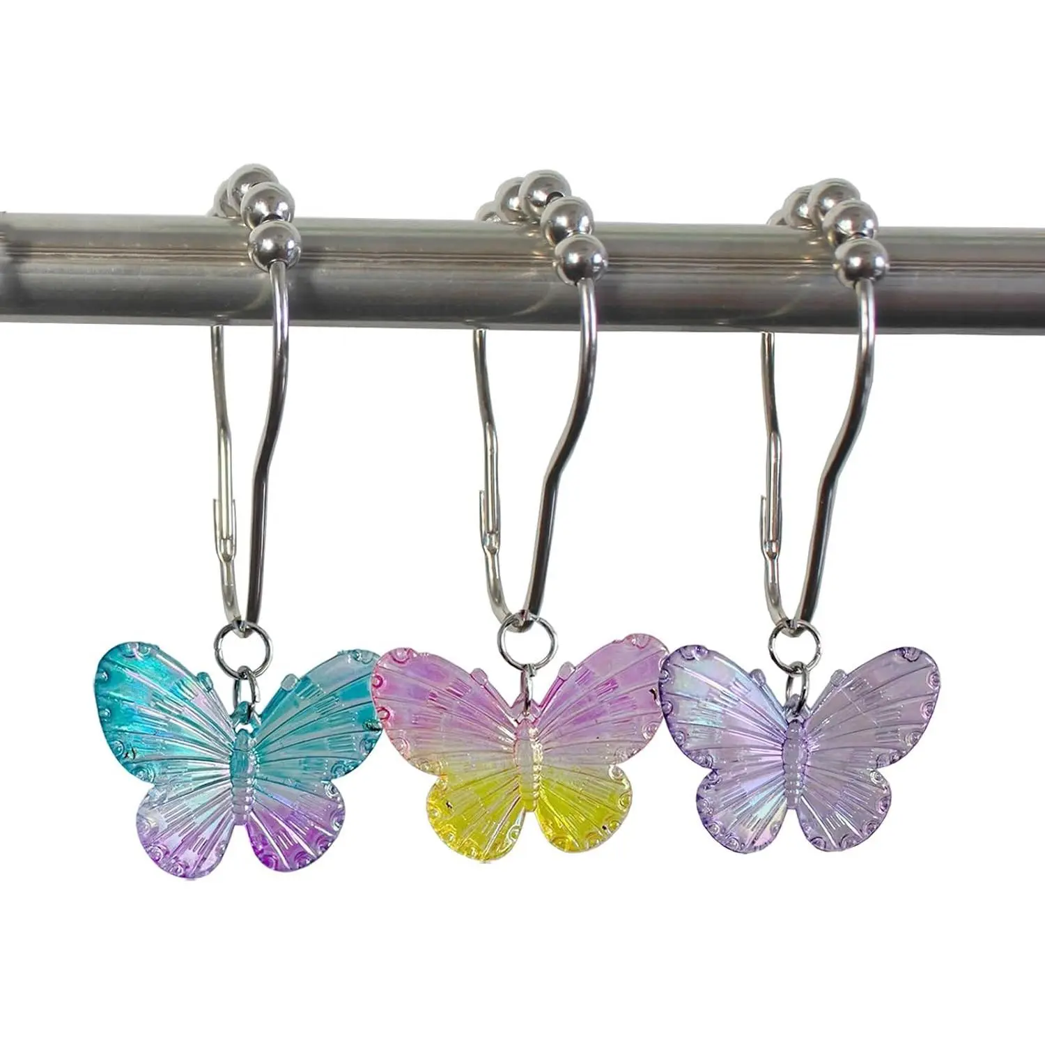 Butterfly Shower Curtain Hooks Set - 12Pcs Stainless Rustproof Rings, Colorful Resin Pendants, Decorative Insect Garden Nature Theme Bathroom Home Accessory (Purple, Blue, Yellow)