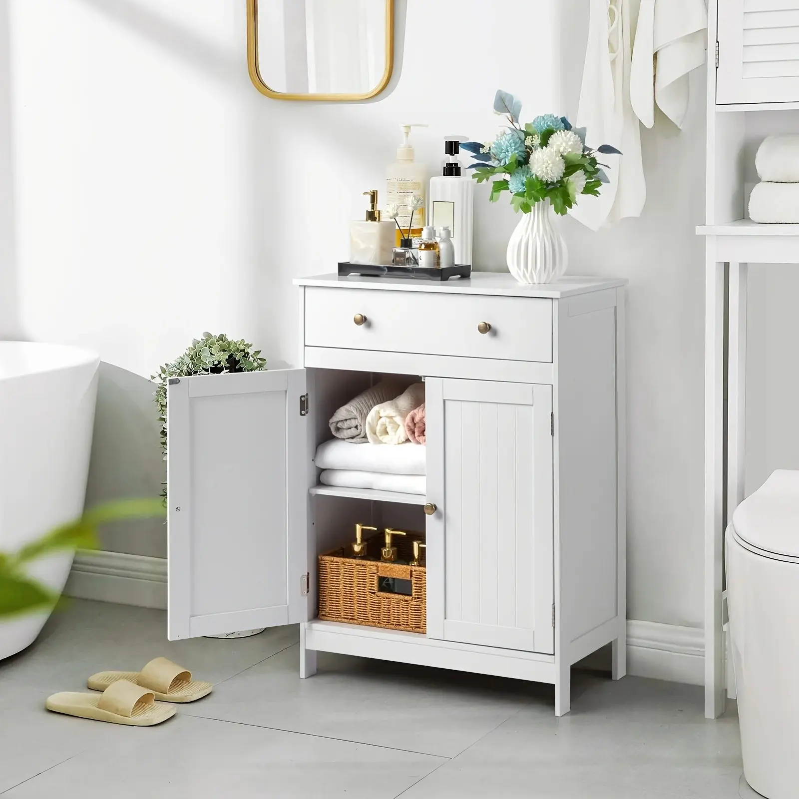 Set of Bathroom Storage Cabinets - Bath Vanity with Double Shutter Doors And Soft-Close Drawer, Space-Efficient Bathroom Furniture for Contemporary Homes (White)