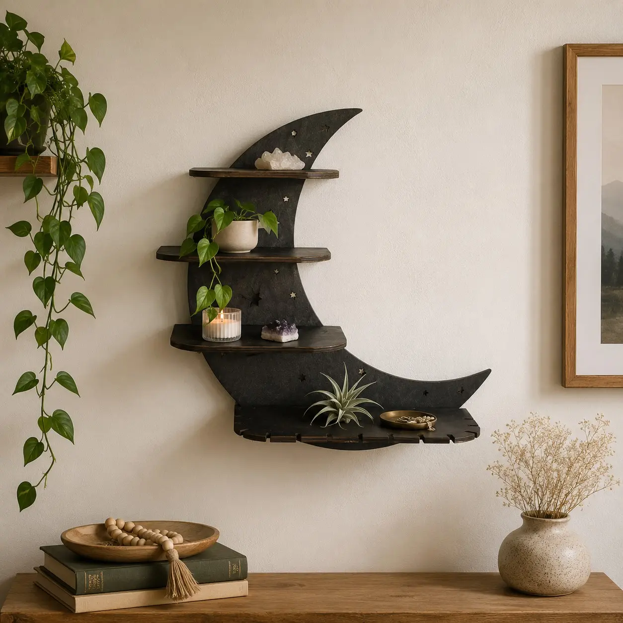 Moon Shaped Wall Mounted Shelf, 1 Count Wooden Wall Hanging Storage Rack, Wall Mounted Holder, Wall Mount Design, Wall Decor for Home Interior Living Room Bedroom, Home Decor, Decorations Supplies, Decoration Items, Wall Shelf Unit