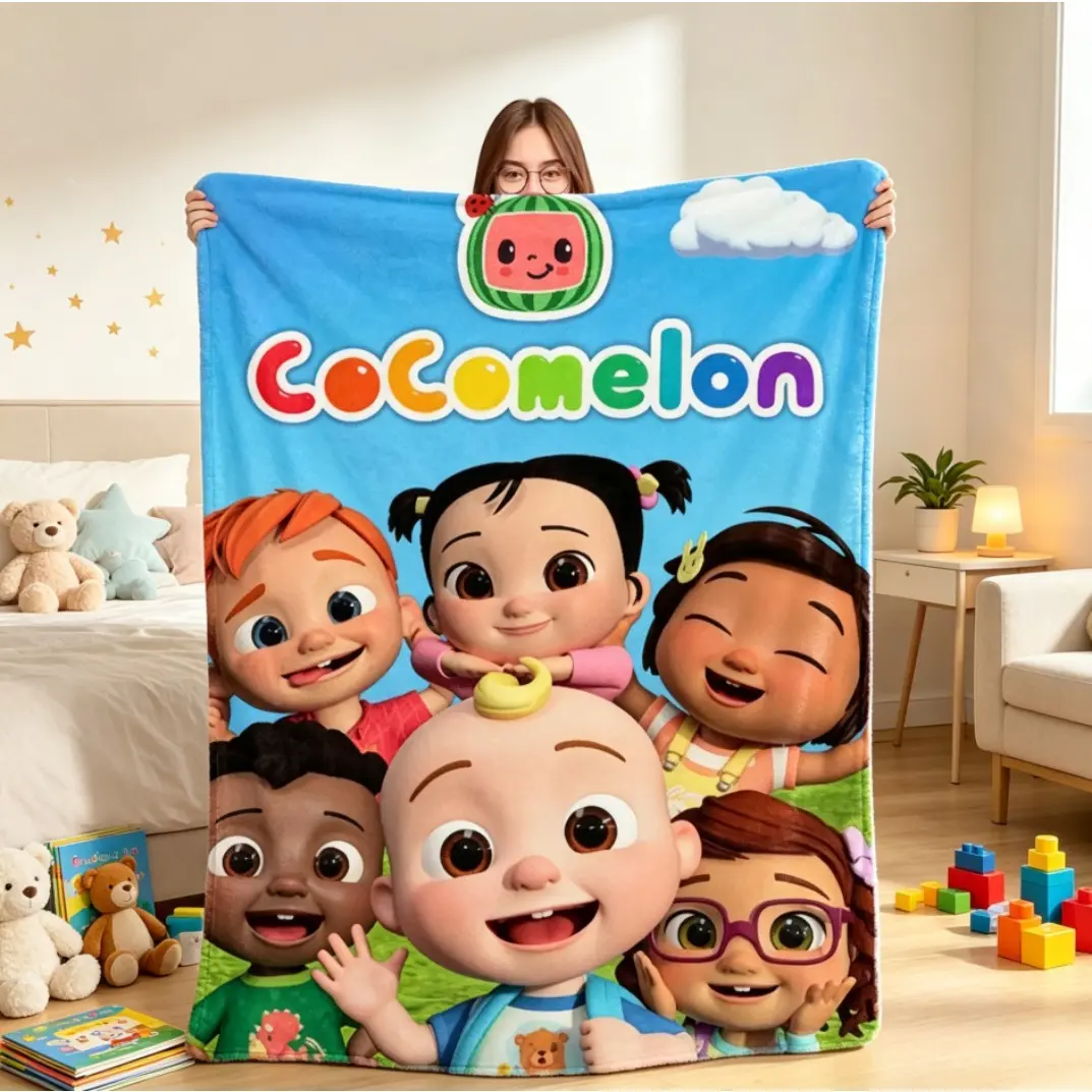 Cocomelon Cartoon Flannel Blanket, Ultra Soft Plush Fleece Throw Blanket for Adults & Kids, Cozy Warm Lightweight All Season Blanket for Bedroom Couch Sofa Living Room Office Travel Nap Home Decor, Birthday Christmas Gift for Toddlers Boys Girls Fans