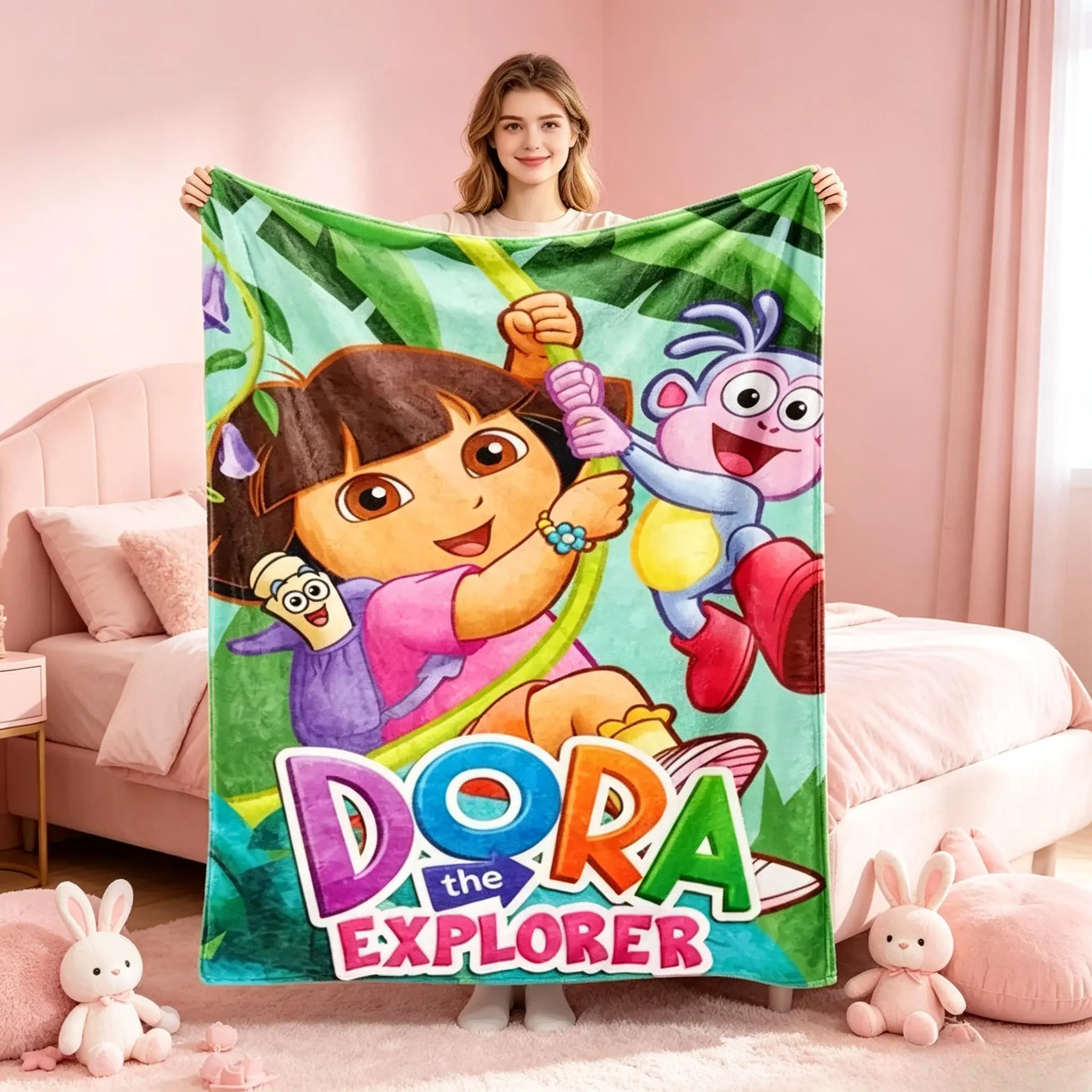 Dora the Explorer Cartoon Graphic Character Flannel Throw Blanket, Vacuum Packed Colorful Cozy Blanket For Bedroom Sofa Reading Naps Camping Travel, Kids Playroom Decor Perfect Children’s Birthday Christmas Halloween TikTok Viral Amazon Recommended