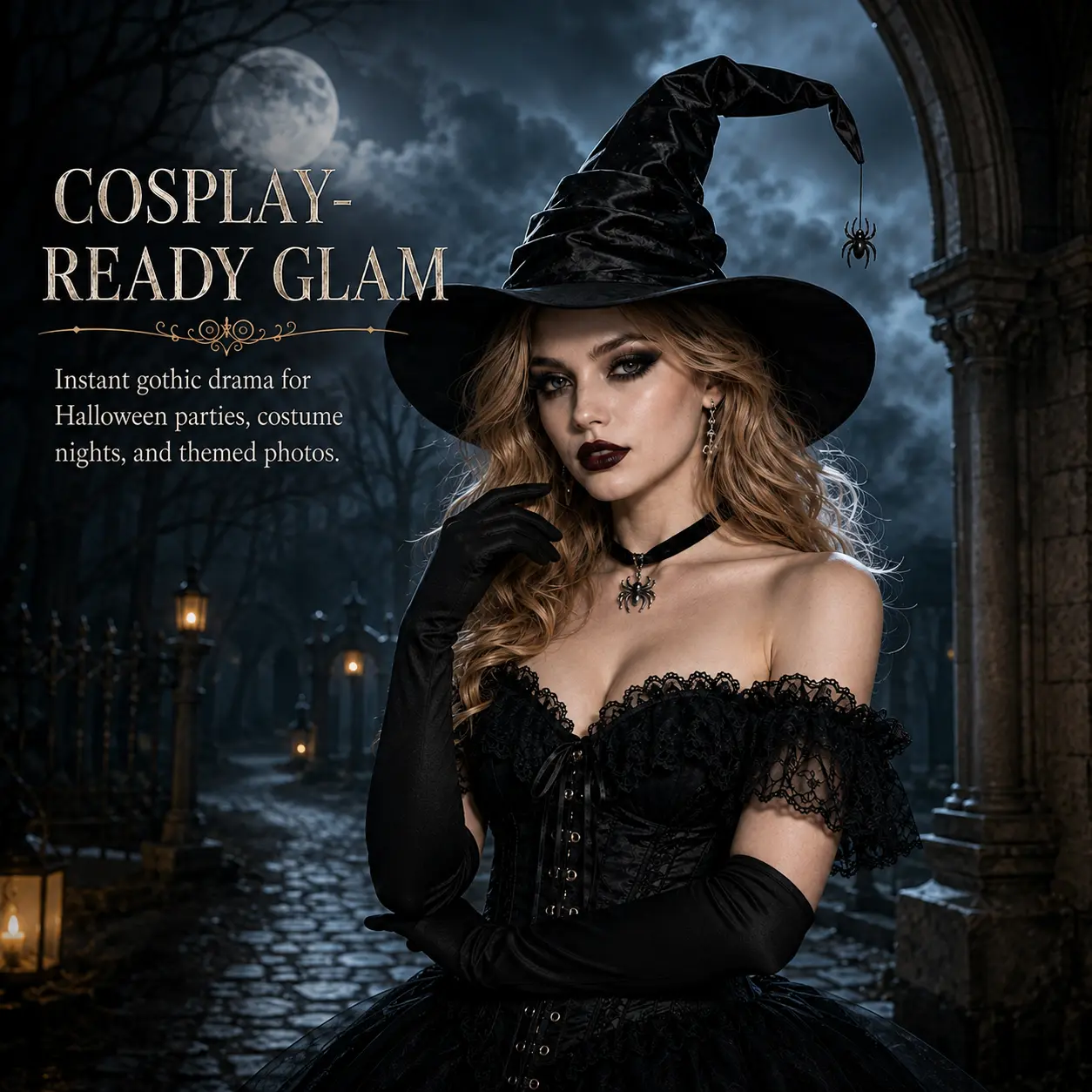 Women's Halloween Witch Costume Accessories Set - Gothic Witch Hat with Spider/Bat Charm, Long Cloth Fabric Gloves, Velvet Choker, Temporary Tattoos, Gothic Look Cosplay Kit for Halloween, Masquerade