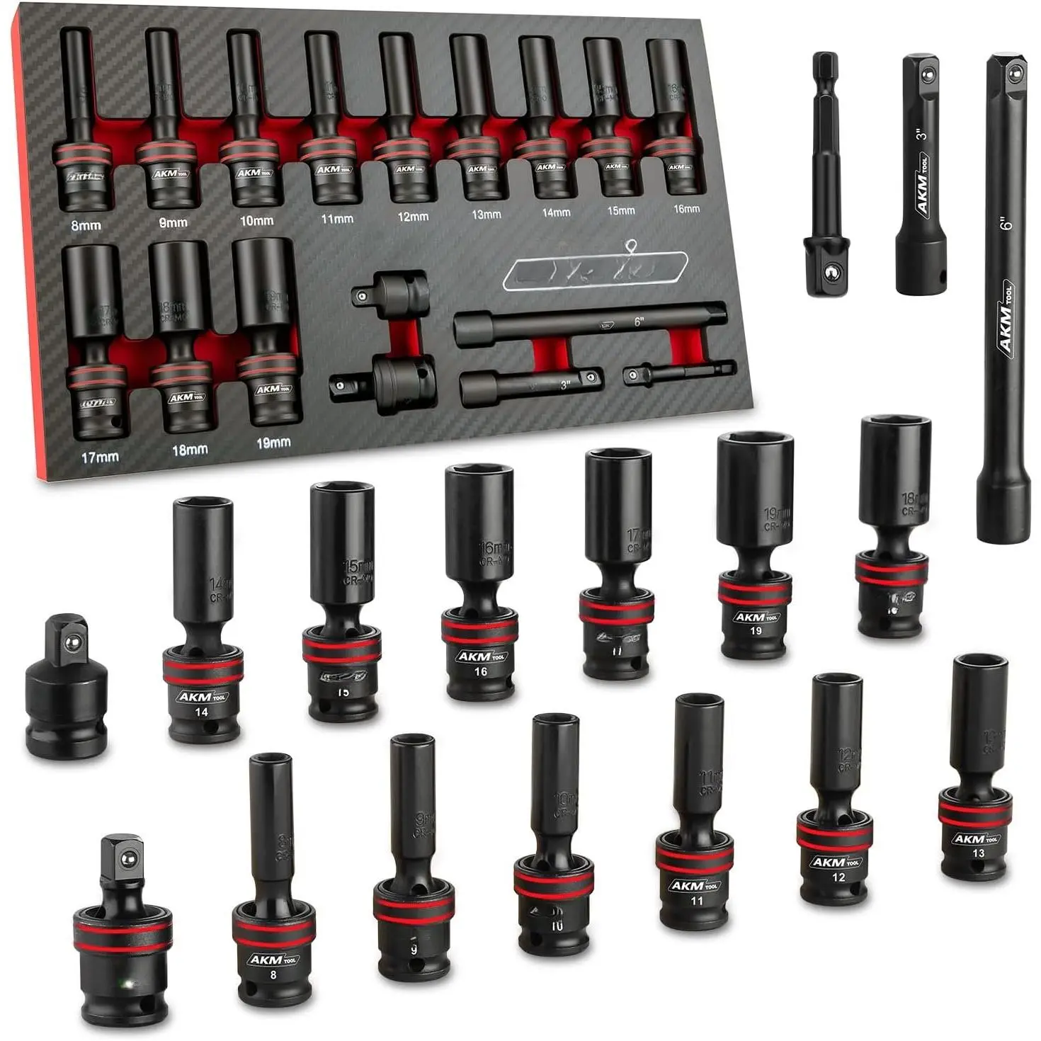 3/8" Drive   Socket Set, 17 count Deep Swivel Socket Set, Wobble Sockets, Flexible, 6-Point, Metric, 8-19mm, Cr-Mo with 3" 6" Extension Bars and Adapter