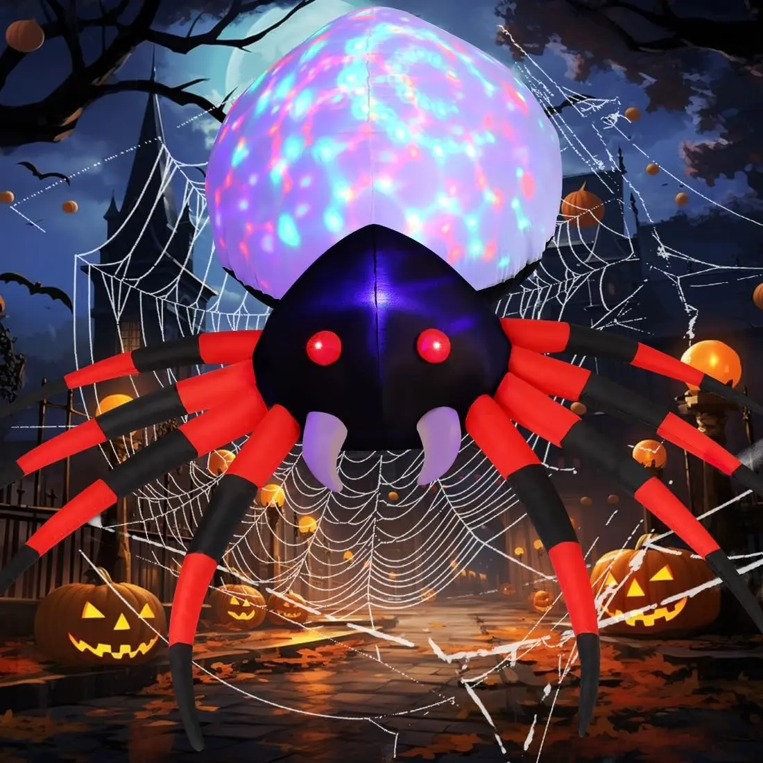 8FT Giant Inflatable Spider Halloween Decor, Rotating Color Light Glowing Eyes Outdoor Yard Ornament