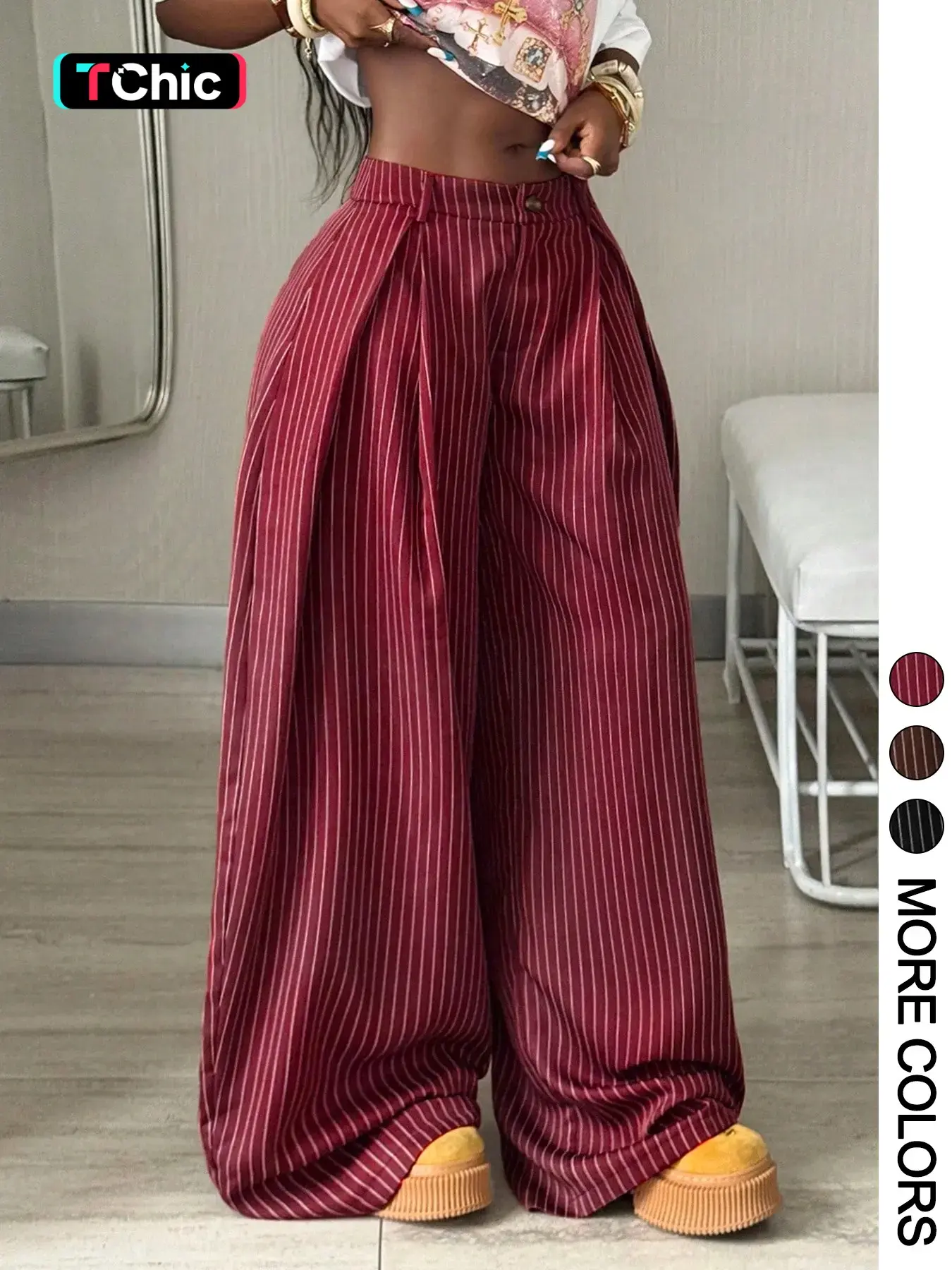 1 Piece Striped High-Waisted Pleated Wide-Leg Long Pants, Flowy Loose Baggy Floor-Length Suit Pants, Streetwear Casual Trousers