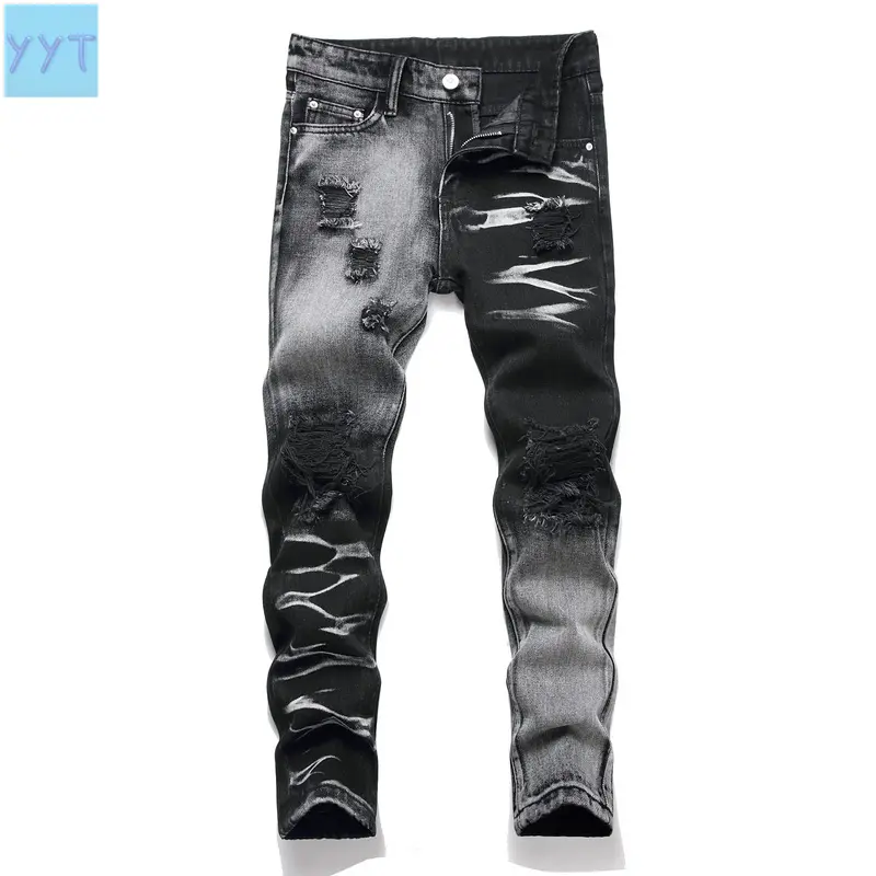 YYT1 2025 Boys' Cotton Woven Ripped Skinny Pants - All Season Streetwear with Distressed Hole Details