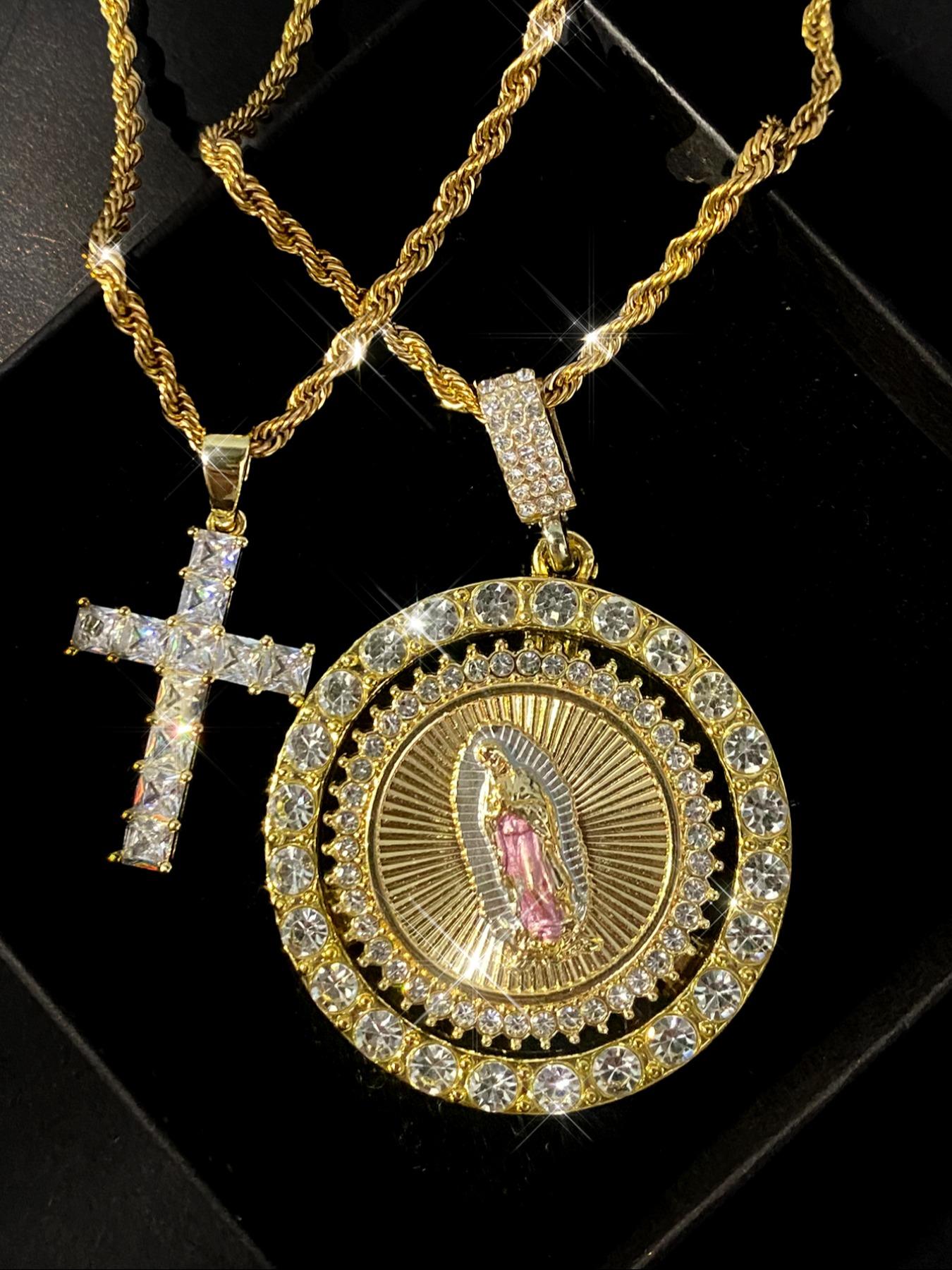 Virgin Mary Pendant Rope Chain & Cross Pendant Necklace, Rhinestone Decor Layered Necklace, Fashion Jewelry Accessories for Women & Men, Cross Necklaces