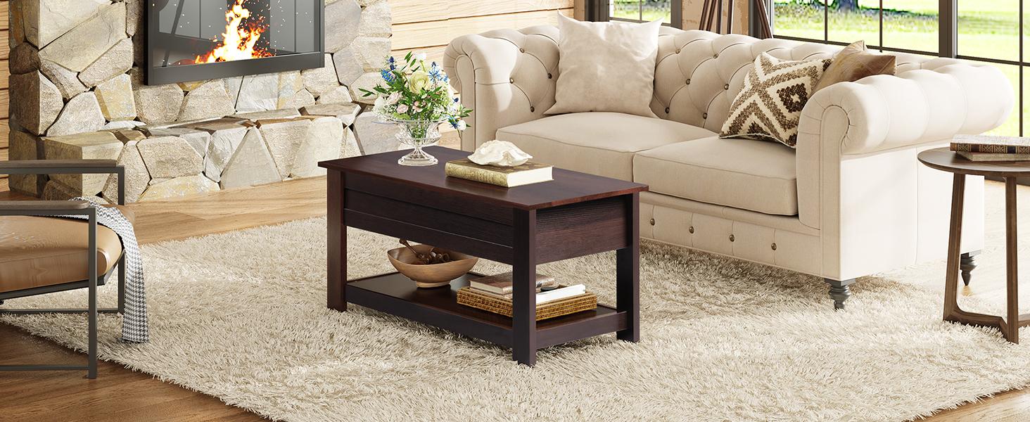 Coffee Table, 39" Lift Top Coffee Table with Hidden Compartment, Storage Shelf and Lifting Top for Home Living Room, Office and Bedroom, Red-Brown