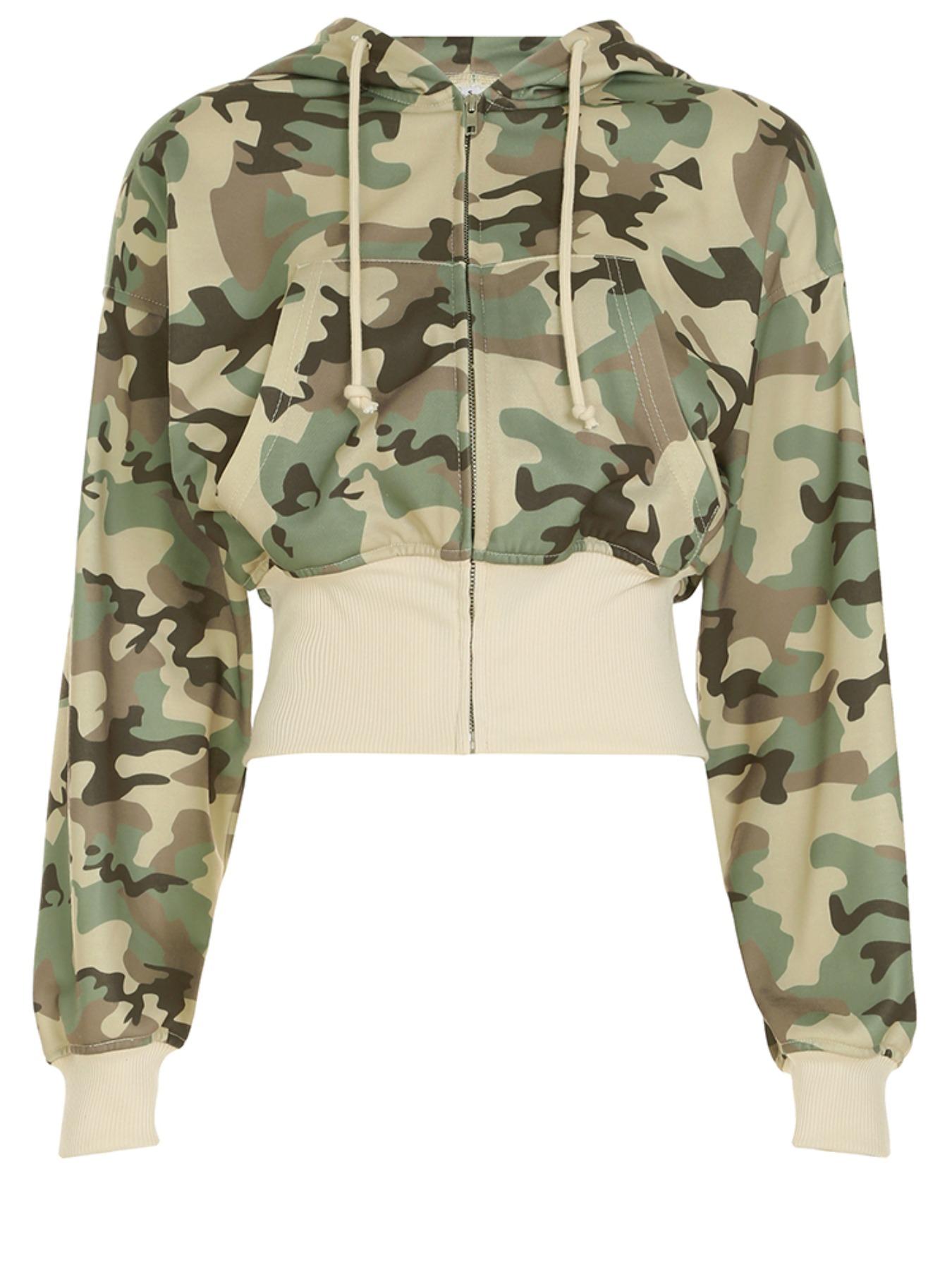 Women's Camouflage Print Zip Up Hoodie Jacket, Casual Long Sleeve Hooded Sweatshirt for Spring & Fall, Ladies Womenswear Clothes for Daily Wear