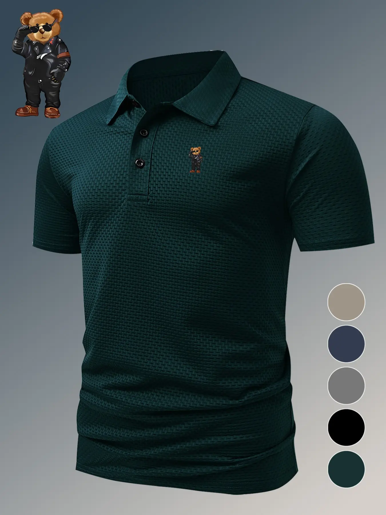 Men's Teddy Bear Print Polo Shirt, Fitted Casual Style, Breathable and Comfortable, All-Season Wear, High-Quality Material