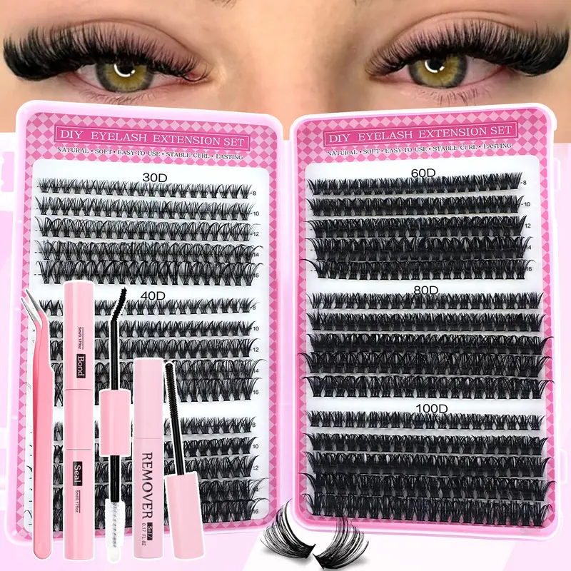 600 Pcs Eyelash Extension Kit with Glue, Tweezers and Remover, Mixed 8–16 mm Curl Lashes, Eyelash Clusters, Large-Capacity Beginner-Friendly DIY Lash Cluster Set for Home Use, DIY Eyelash Extensions, Eyelashes Extensions Kit