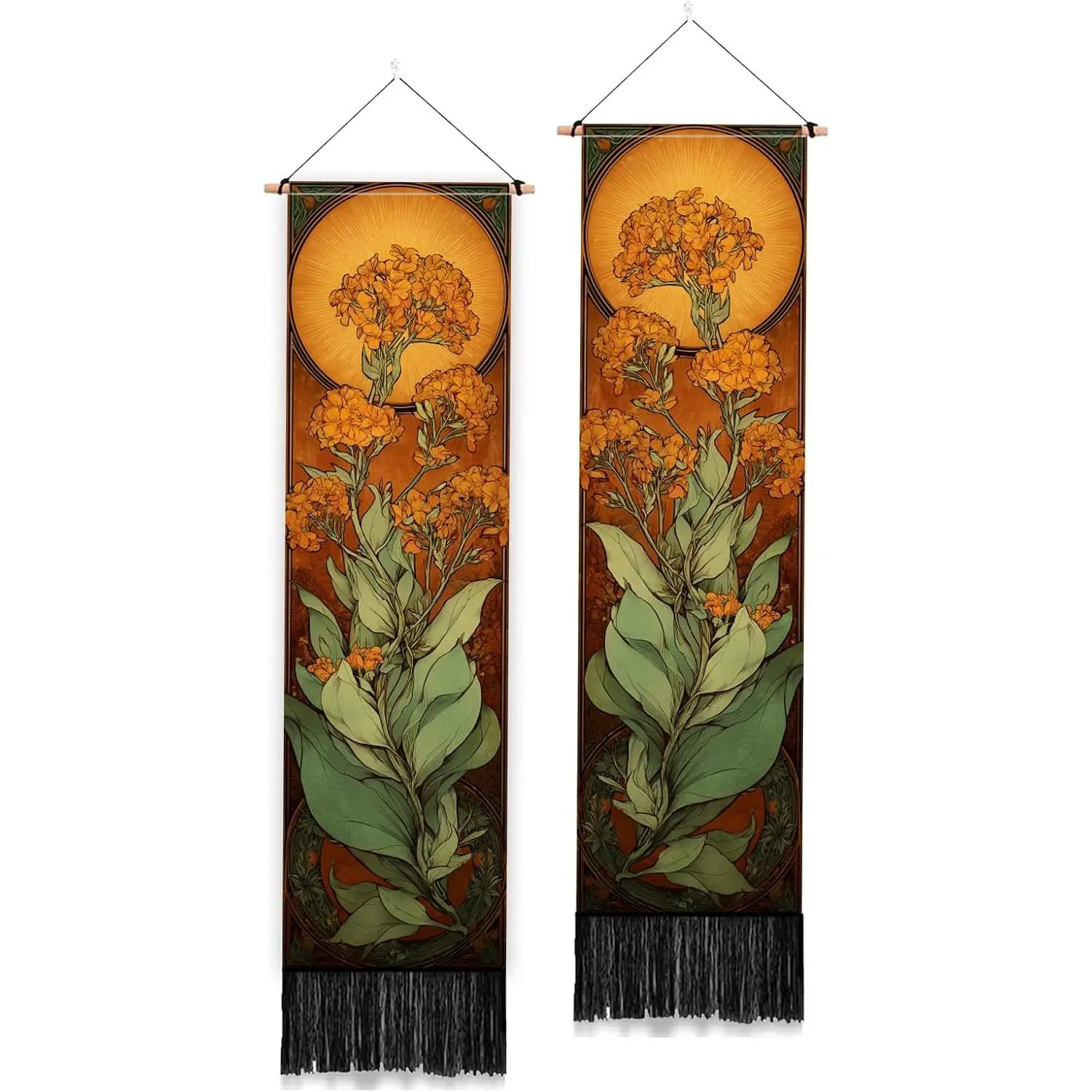 PLIGREAT 2-Pack Vintage Floral Vertical Tapestry - Art Nouveau Botanical Print with Tassels, 52x13 in Polyester Home Decor, Aesthetic Wall Hanging for Bedroom, Living Room, Gift Option
