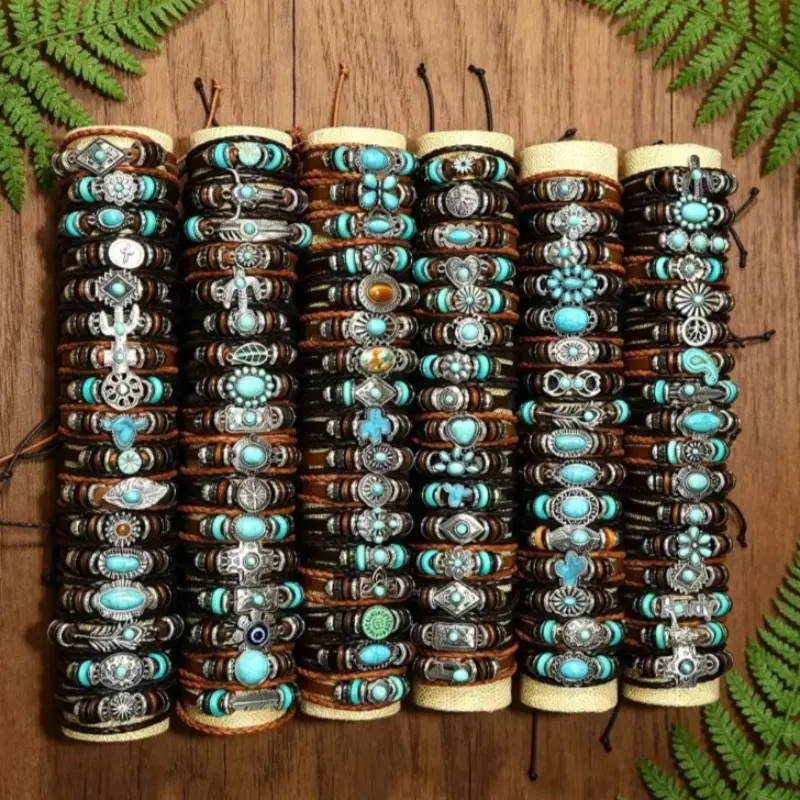 30Pcs Vintage Style Faux Leather Adjustable Bracelet Set - with Flower Bullhead Leaf Hat Charms, Perfect for Women Men Daily Wear Parties And Anniversaries, All Seasons, Floral Bracelets & Bangles, Vintage Charm Bracelets & Bangles