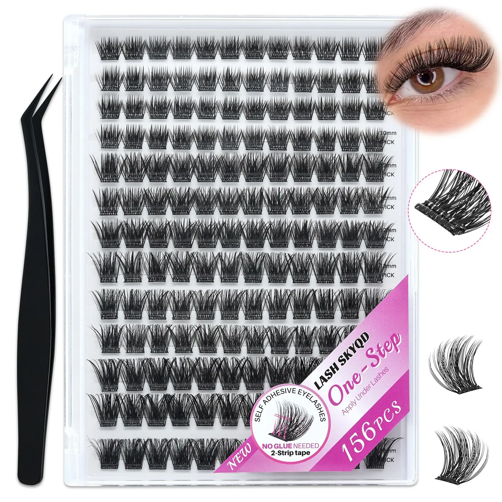 Self Adhesive Eyelashes, Cosmetic 156 Pcs D Curl Self Adhesive Eyelash Clusters, No Glue Needed, Beginner Friendly Lashes, Invisible 2-Strip Tape - Longer Lasting, No Sticky Residue Pre Glued Eyelashes