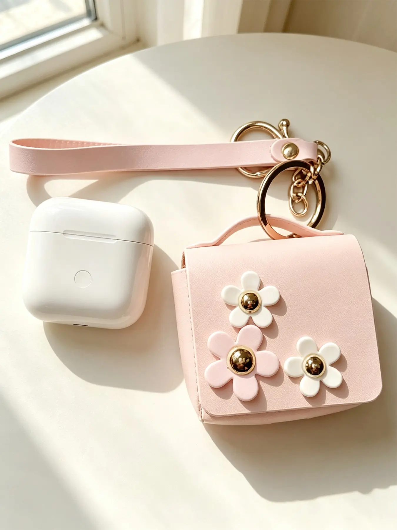 PU Leather Mini Earbud Case with 3D Daisy Decoration, Dual Color Options, Keychain & Wrist Strap, Versatile, Ideal for Wireless Earbuds, Lipstick, Jewelry
