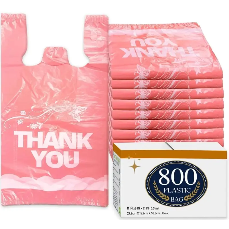 800PACK Pink Thank you bags, T shirt bags, Pink Plastic Bags with Handles, retail shopping bags, carry bags Merchandise Bags and Disposable Supermarket Bags 11''x6''x21''(Pink)
