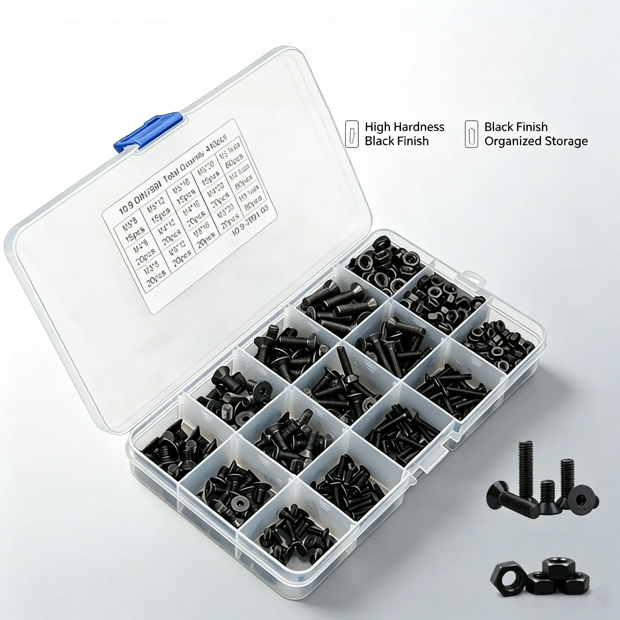 440PCS Assortment Countersunk Hex Socket Screws & Nuts Kit, 10.9 High Strength Black Bolts DIN7991, M3 M4 M5 Fasteners for Model Modification, Machinery Frame, Furniture, DIY Engineering Repair Metal Screws