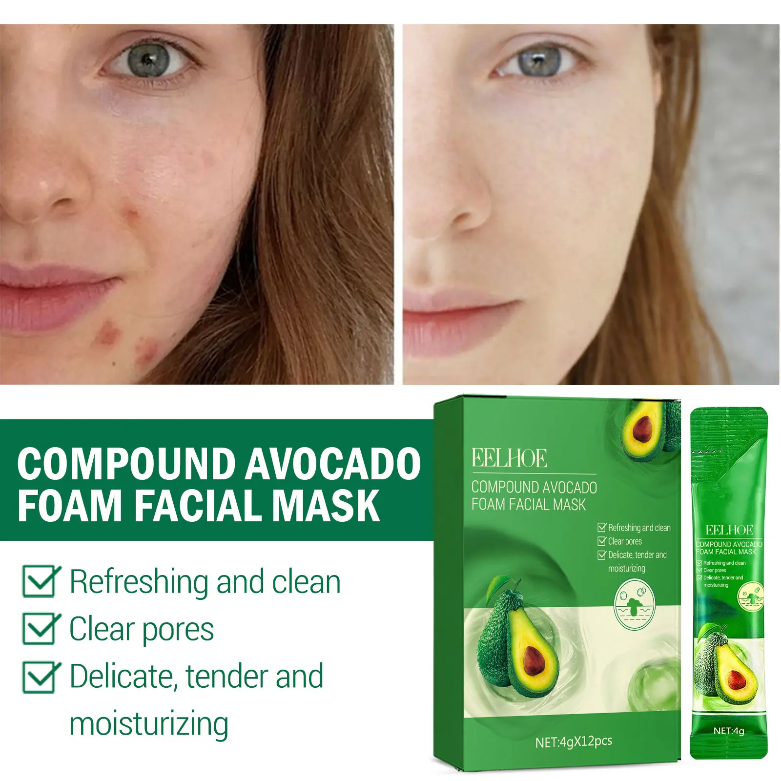 EELHOE Foaming Avocado Facial Cleanser - Gentle Nourishing Mask-Compatible Facial Treatment for Oily-Combination Skin, Oil Control, Pore Care, Hydration