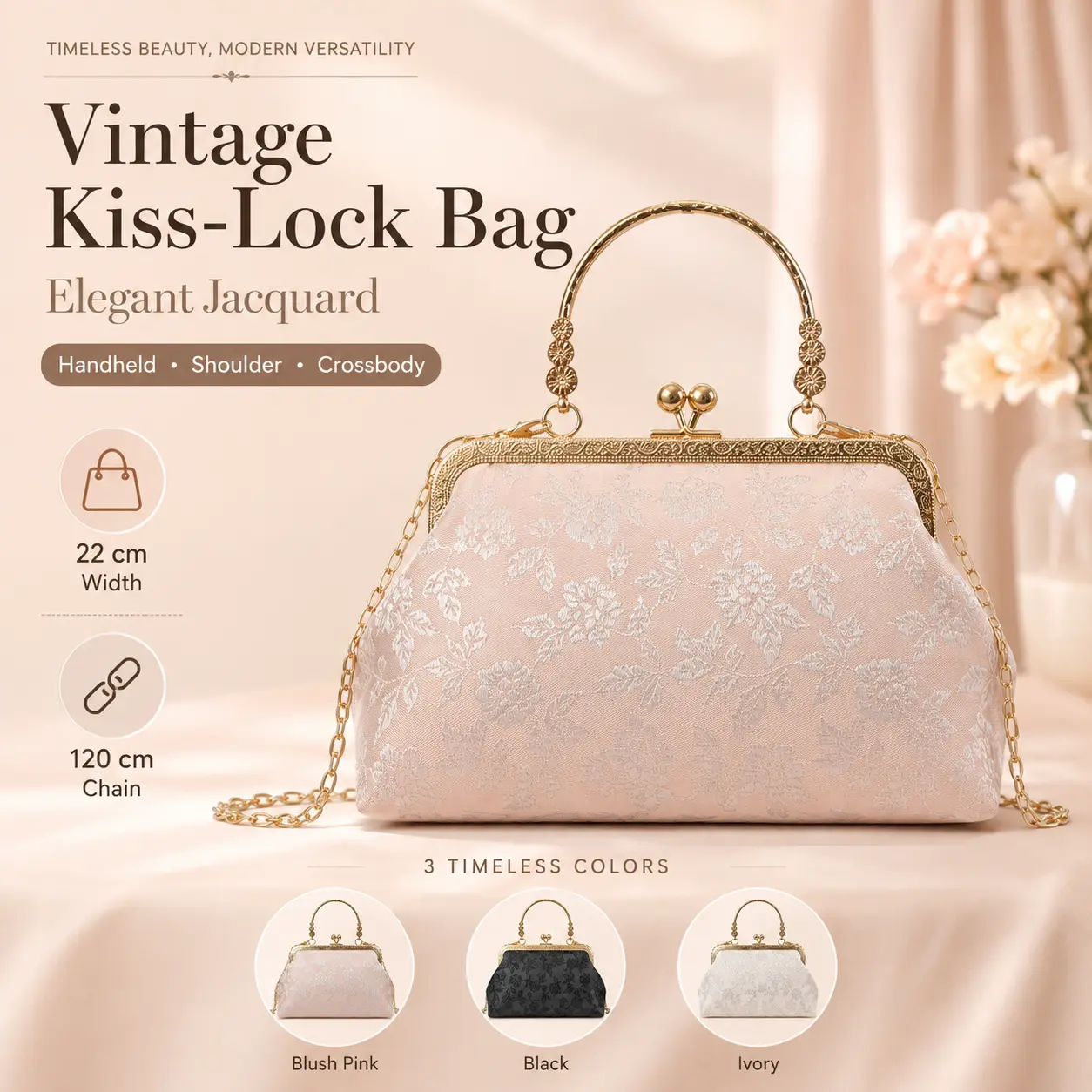 Vintage Floral Jacquard Kiss Lock Clutch Purse for Women, Elegant Retro Handheld Evening Bag with Metal Top Handle & Detachable 120cm Chain Strap, 3 Colors Blush Pink Black Ivory, Wedding Party Crossbody Shoulder Formal Handbag
