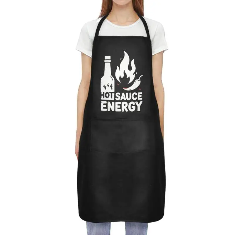 2 Pack Hot Sauce Energy Graphic Waterproof Aprons For Women Men, Adjustable Work Apron With Pocket, Support Custom Image Upload, Trendy Slogan Apron for Home Cooking, Backyard BBQ & Art Projects