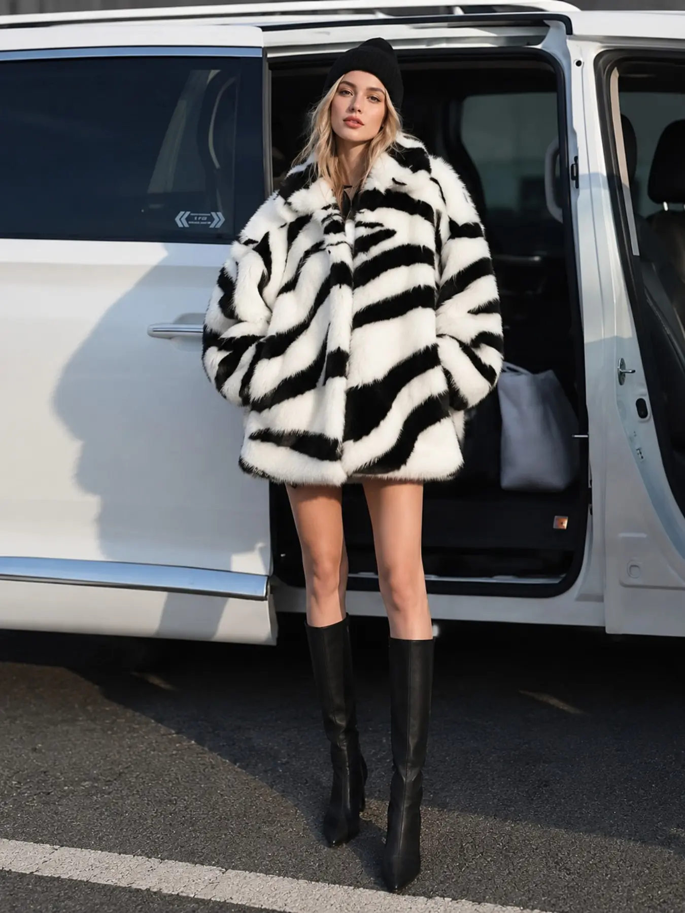 Women’s Oversized Zebra Faux Fur Jacket – Soft Fluffy Black & White Winter Coat, Trendy Lapel Streetwear Outerwear Warm Jacket