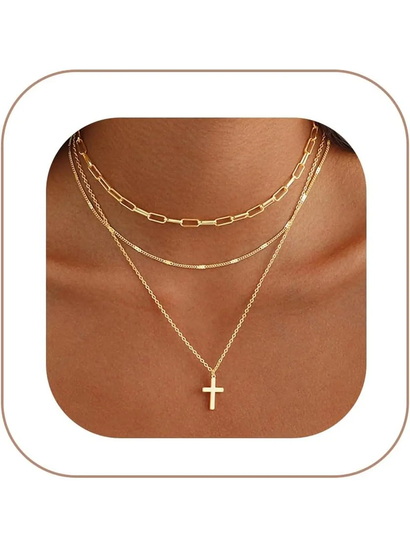 Sets of 3 Golden Necklace for Women, Golden Layered Cross Necklace Flat Chain Cute Charm Accessories Non Tarnish Jewelry Set Gifts for Women