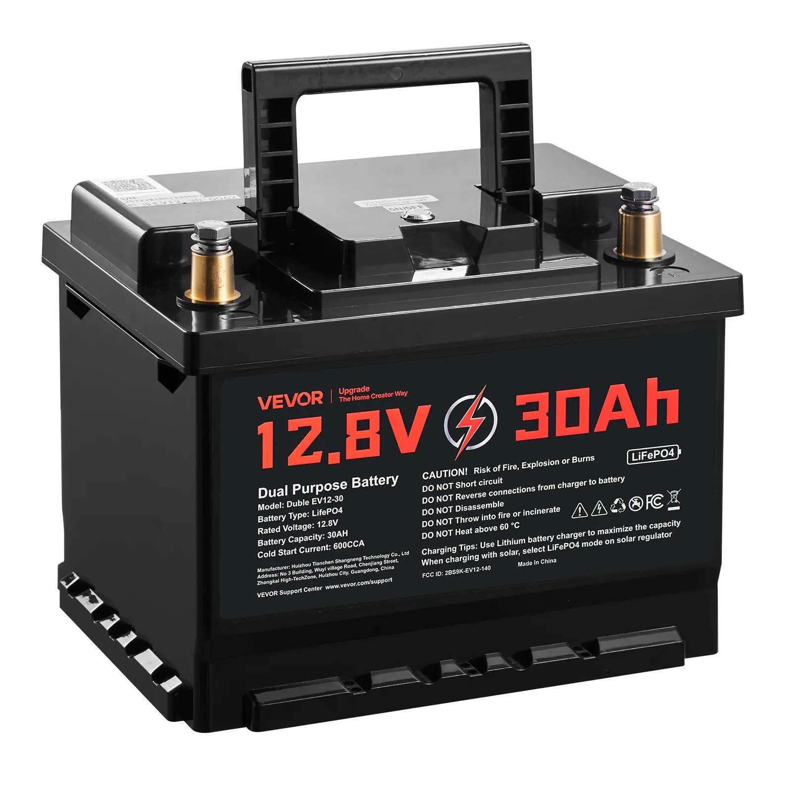 VEVOR 12V 30Ah Capacity LiFePO4 Lithium Battery, 384Wh 600 CCA Group 47, 720A/2S Fast Charging Dual Purpose Battery with Built-in Smart BMS & Bluetooth, for Automotive Users, Trolling Motor, Engine Start-Stop
