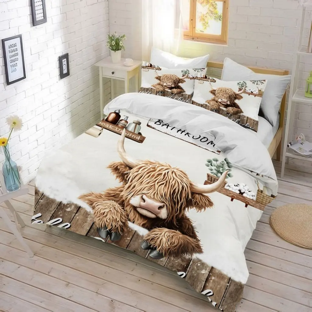 3Pcs Highland Cow Duvet Cover - Farm Animal Print Pattern Ultra Soft Microfiber Bedding (1 Cover+2 Pillowcases, Unfilled) for Bedroom & Dorm Room Decor.