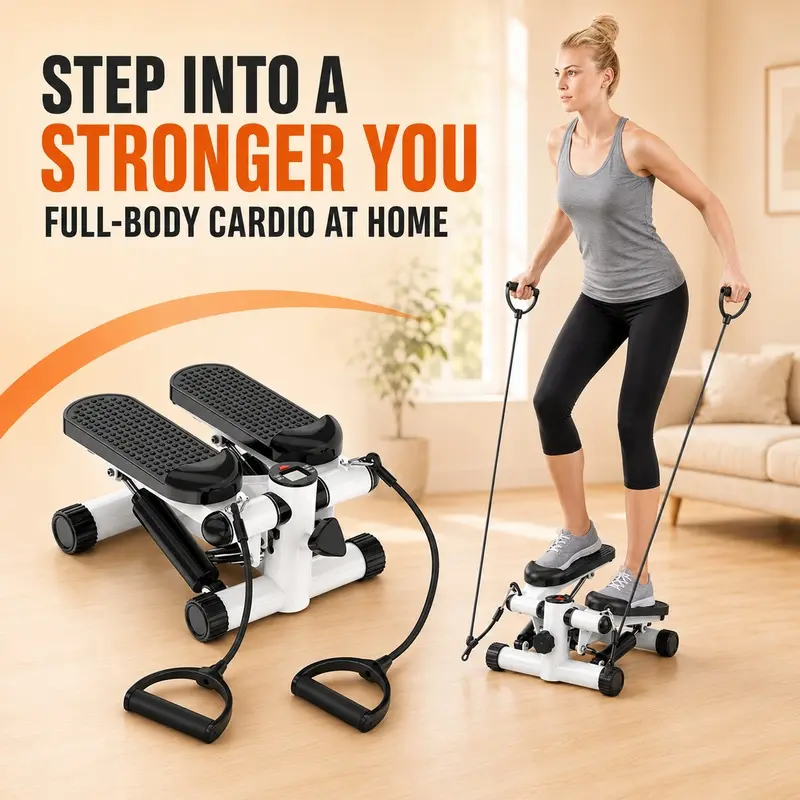 Mini Fitness Stepper for Home Gym, Unisex Cardio Equipment with 2 Resistance Bands, LCD Monitor, Quiet Operation, Metal+Plastic Build, Supports Max 330.7LBS Load for Full-Body Workouts-4128, Compact Fit