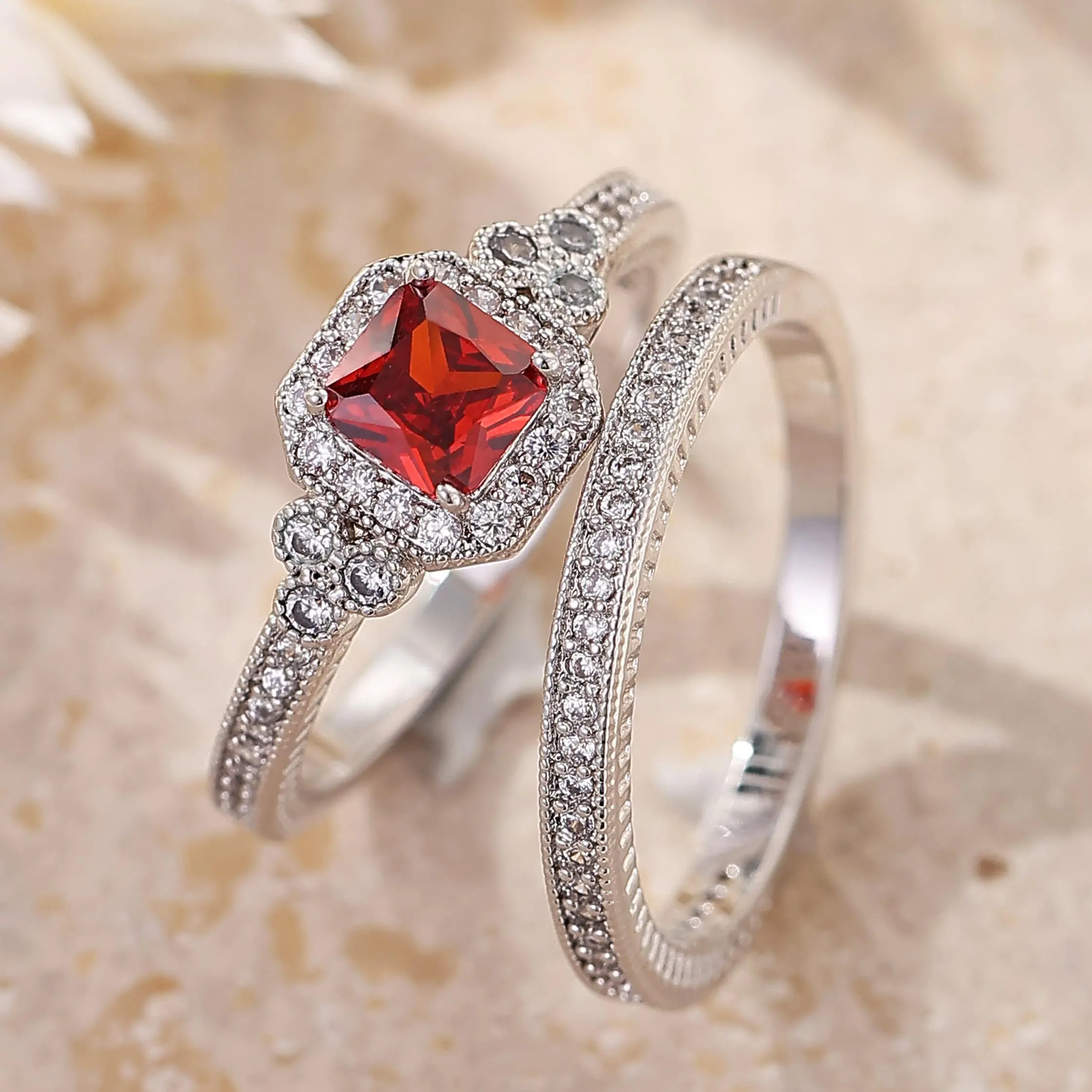 2 Piece Halo Wedding Ring Set For Women Elegant Engagement Ring Matching Eternity Band Bridal Statement Jewelry Gift