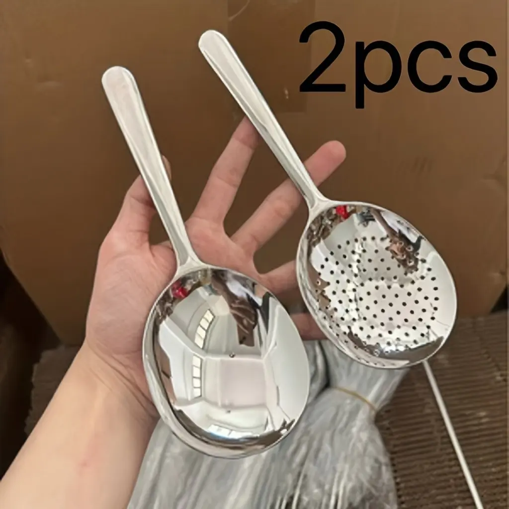 2-Pack Stainless Steel Large Round Scoops for Commercial And Home Kitchen, Large Serving Spoons with Heat-Resistant Short Handles And Drainage Holes, Easy to Clean, Suitable for Restaurants, Catering, Home, Premium kitchen utensils