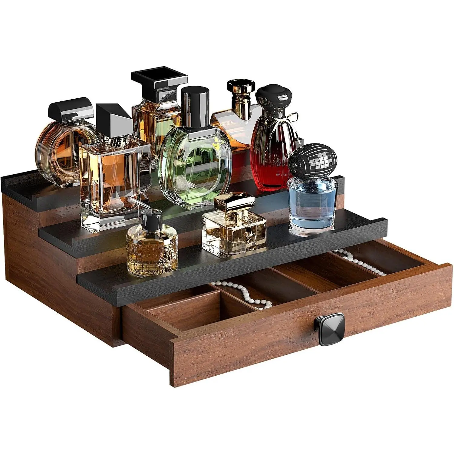Cologne Organizer for Men: with  Vault & Drawer, 3 Tier Wooden Cologne Stand Desktop Perfume Display Shelf, Bedroom Dresser Makeup Lotion  Storage Organizer ﻿
