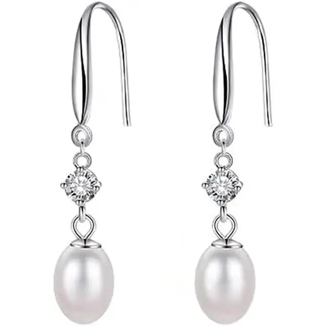 Solid 925 Sterling Silver Pearl Drop Earrings for Women Teens Natural Freshwater Pearl Dangle Earrings Wedding Bridal Earrings