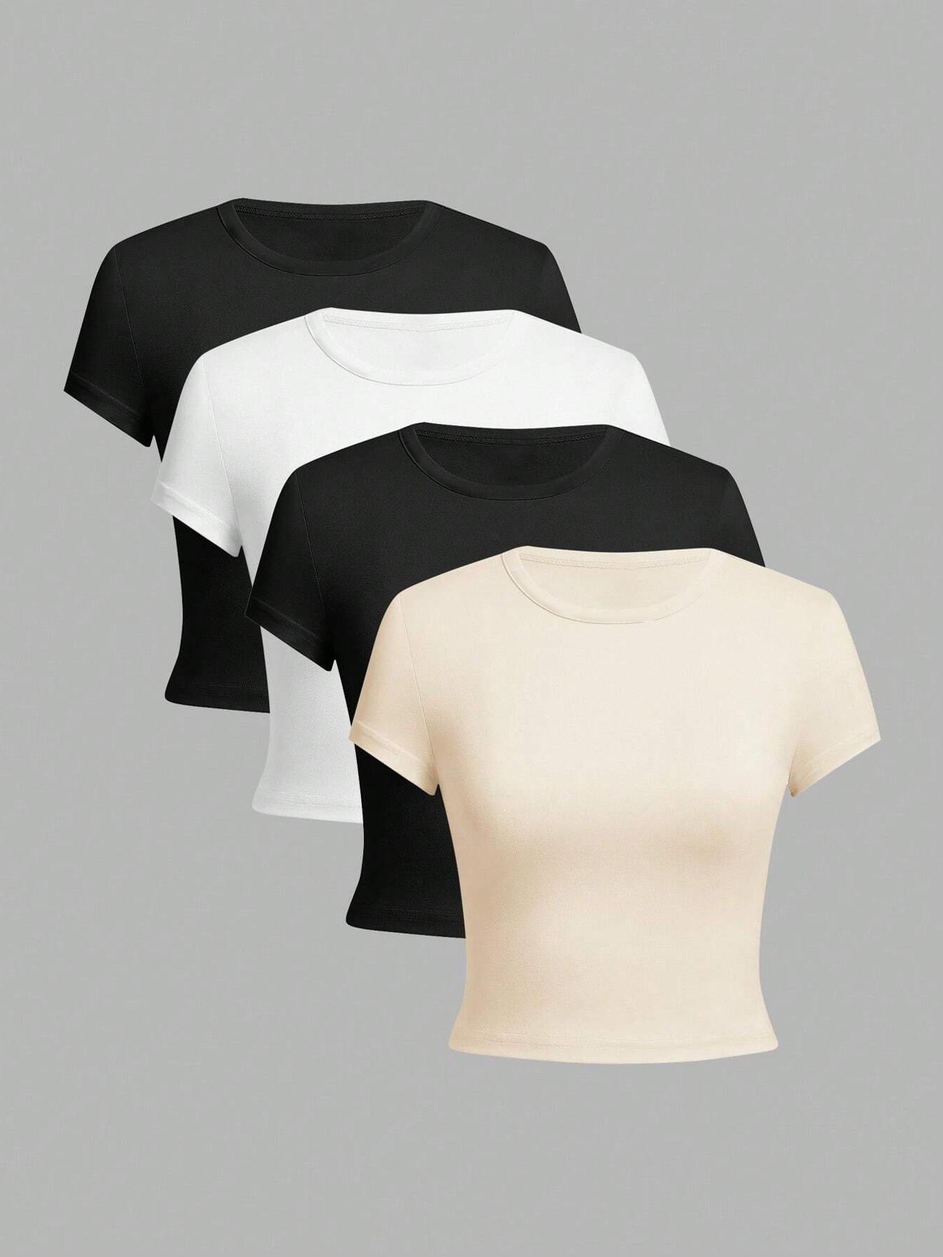 Women's Solid Round Neck Crop Tee, Casual Minimalist Short Sleeve Crew Neck Basic T-shirt for Summer, Ladies Clothes for Daily Wear, Womenswear, Classic T Shirt