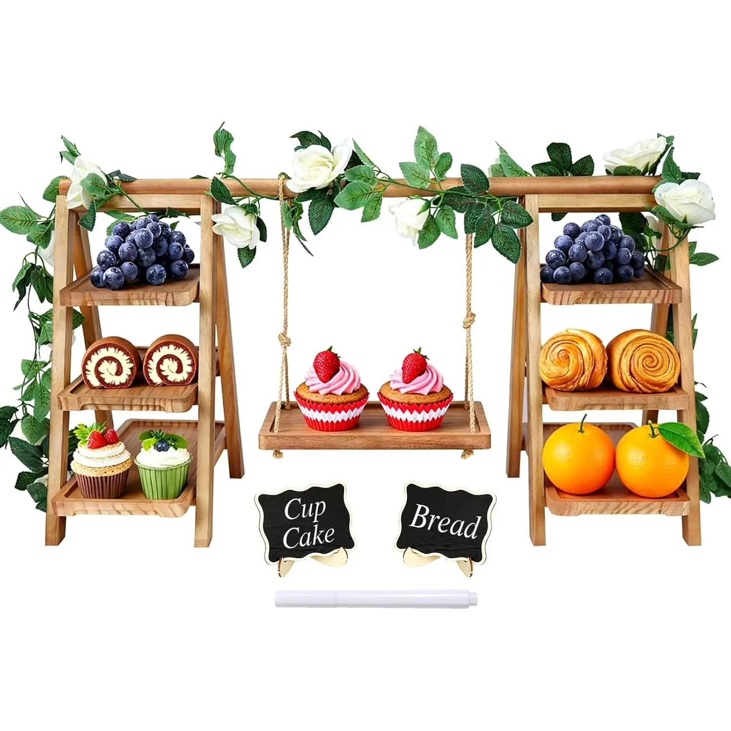 Wooden 3 Tier Cupcake Stand with Swing, Rustic Pine  Dessert Display Stand with Removable Trays, Foldable A-Frame Ladder Rack for Cake Fruit Snack,  for Wedding Party Birthday