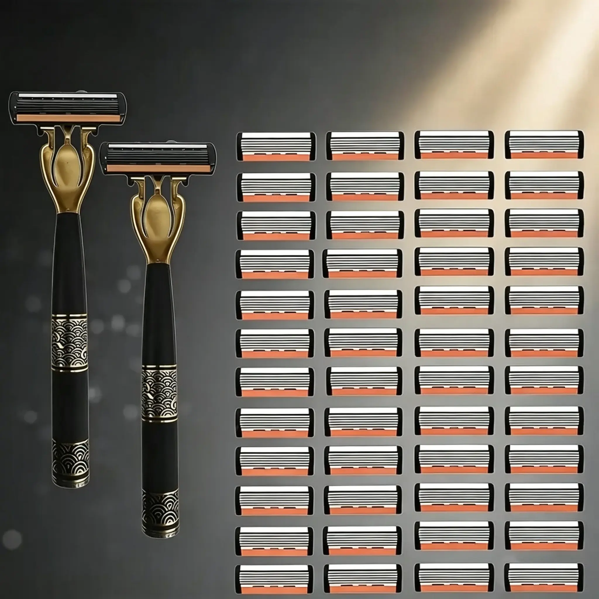 Men's 6-Blade Safety Razor Set - Includes 2 Handles & 48 Replacement Cartridges.Dermatologically gentle on sensitive skin, pairs well with shaving cream for a smooth, effortlessshave on thick, coarse beards.
