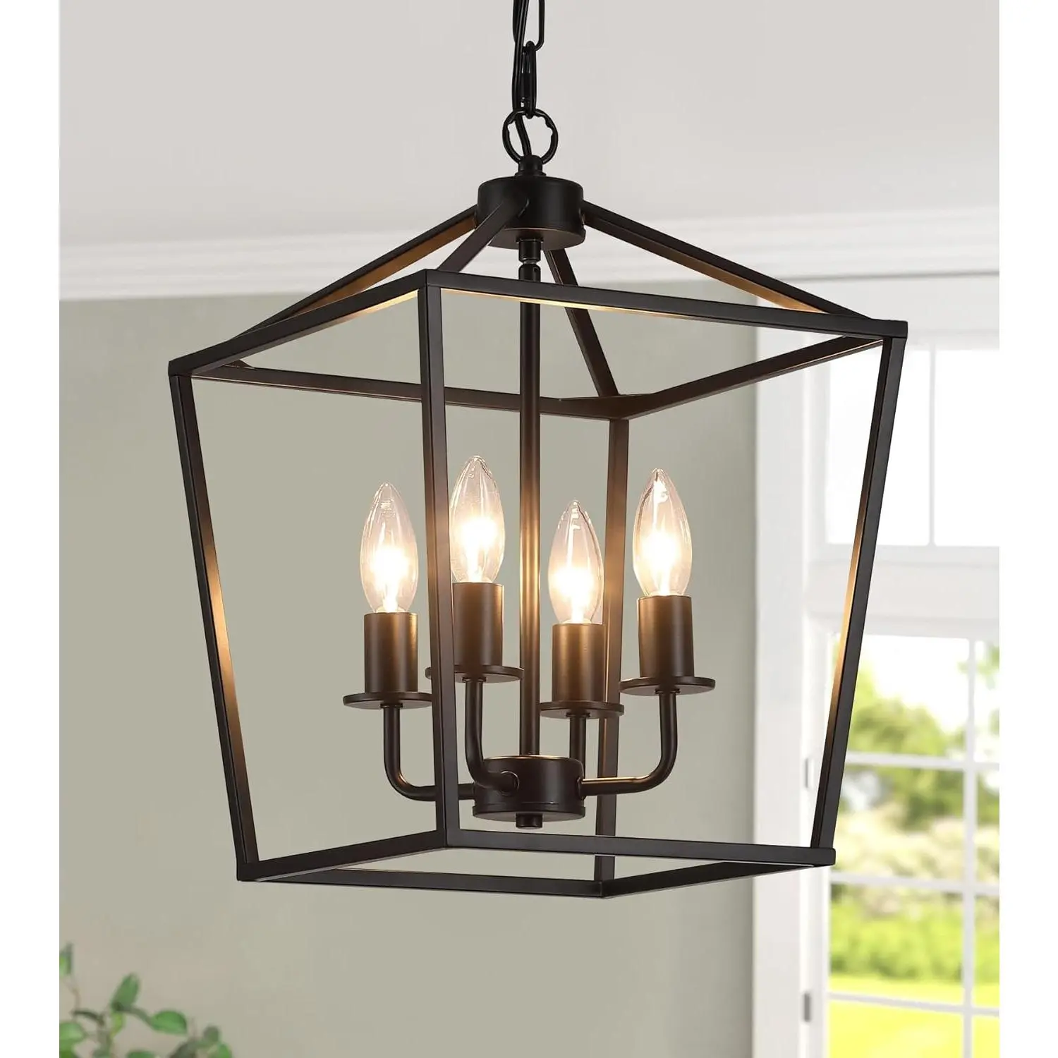 UL Listed Black Industrial 4 Light Lantern Chandelier Ceiling Light Fixtures Farmhouse Metal Cage Rustic Geometric Pendant Light for Kitchen Island Entryway Dining Room Stairs and Hallway