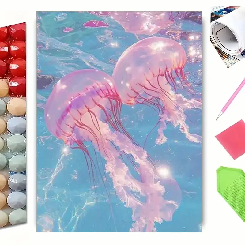 5D Full Drill Diamond Painting Kit, Pink Jellyfish Underwater Ocean Art, DIY Craft with Sparkling Rhinestones, Canvas & Tools for Home Wall Decor, Ideal for Themed Decoration