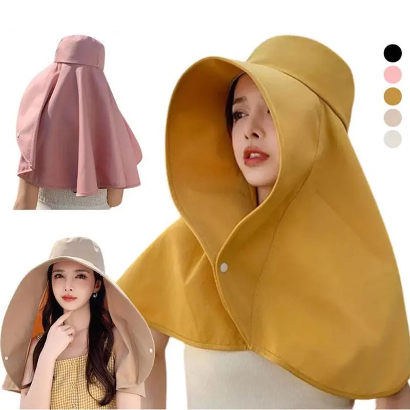 Women's Wide Brim UV Protection Sun Hat - Unisex Lightweight Breathable Solid Color Stylish Summer Accessory with Button Closure, Long Shawl - Ideal for Beach, Travel,summervibes